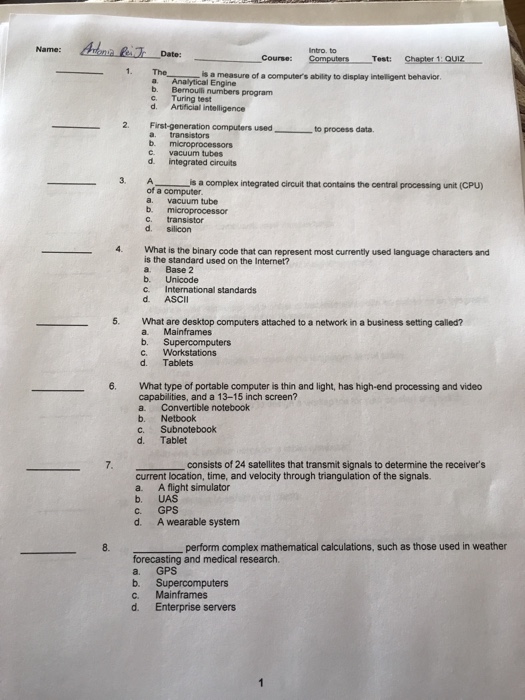  Name e Date: Intro. to Computer.-_Test: Course: uz-- Chapter 1 s