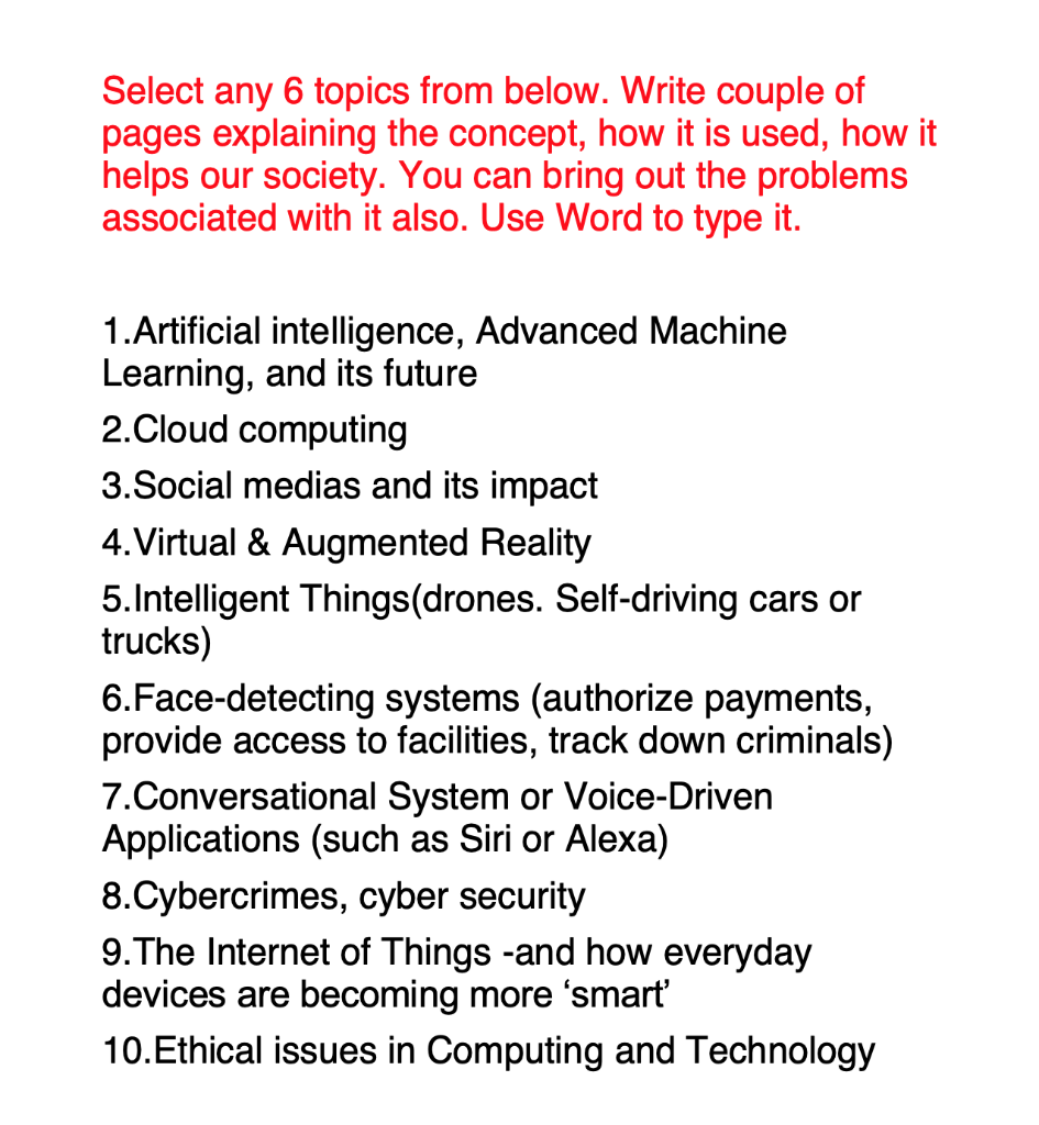  Computer system!!! Select any 6 topics from below. Write couple of