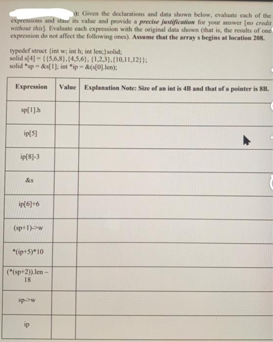 array value chart practice problem help ): Given the declarations and data