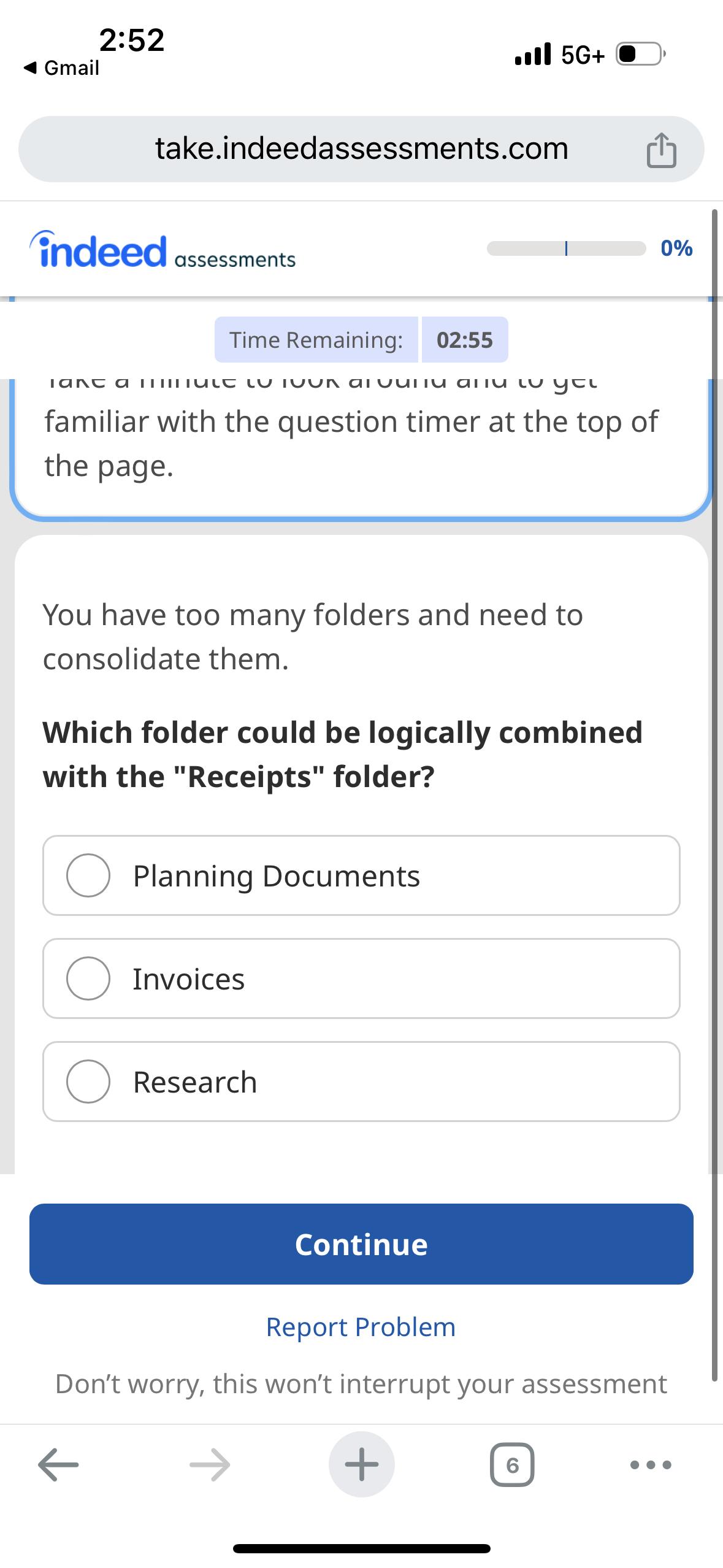  2:52 Gmail 5G+ take.indeedassessments.com indeed assessments 0% 02:55 familiar with the