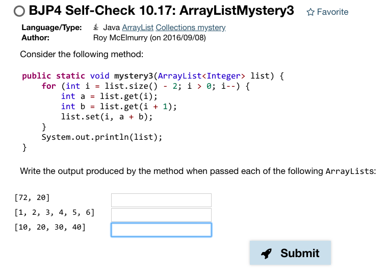  O BJP4 Self-Check 10.17: ArrayListMystery3 Favorite Java ArrayList Collections mystery Roy