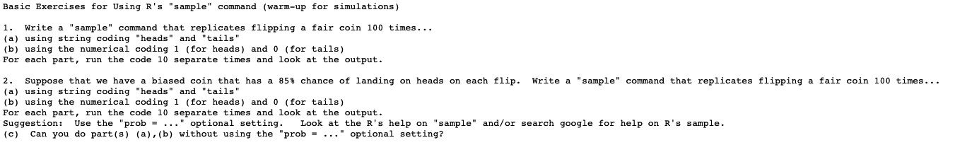 Just need problem 2 Basic Exercises for Using R's "sample" command