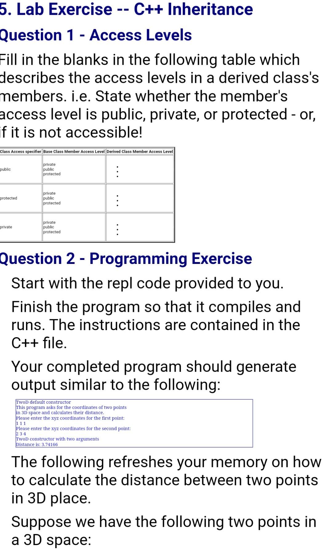  5. Lab Exercise C++ Inheritance Question 1 - Access Levels Fill