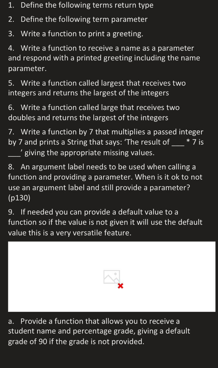  please use swift 1. Define the following terms return type 2.