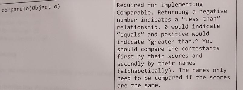  compare To (0bject o)Required for implementingComparable. Returning a negativenumber indicates a