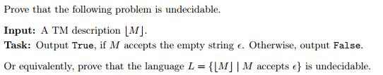 Prove that the following problem is undecidable Input: A TM description