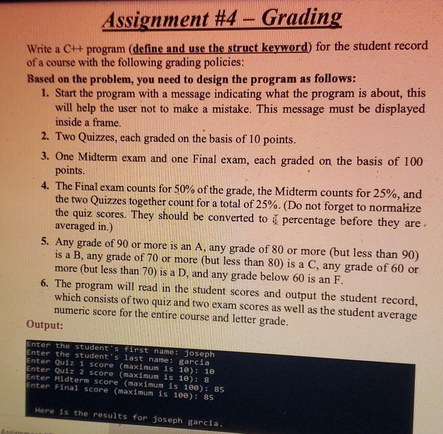  Assignment #4 - Grading Write a CH+ program (define and use