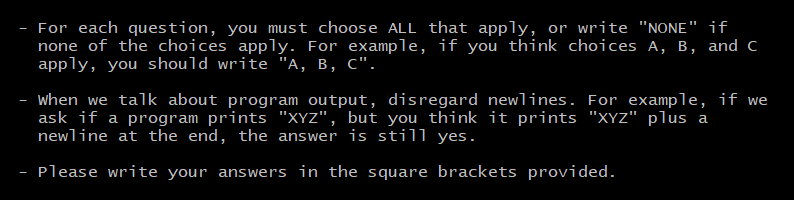 C Programming Multiple choice question For each question, you must choose ALL