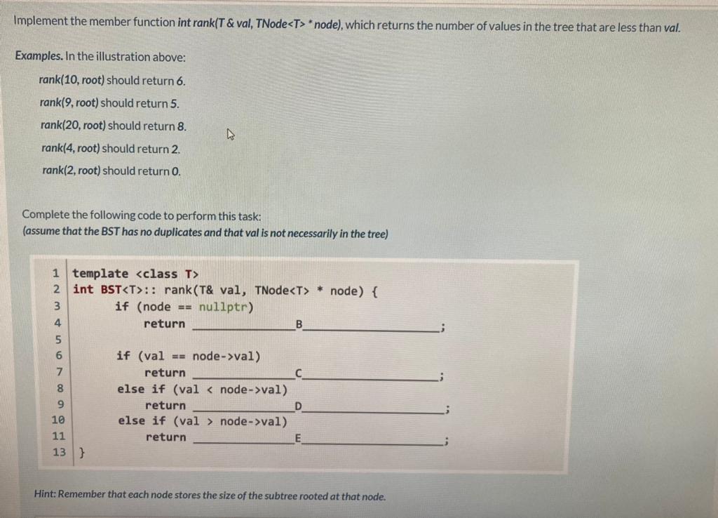  Implement the member function int rank(T & val, TNode node), which