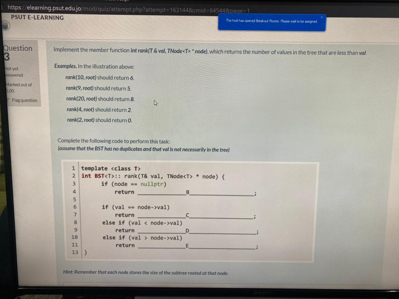 returns the number of values in the tree that are less than