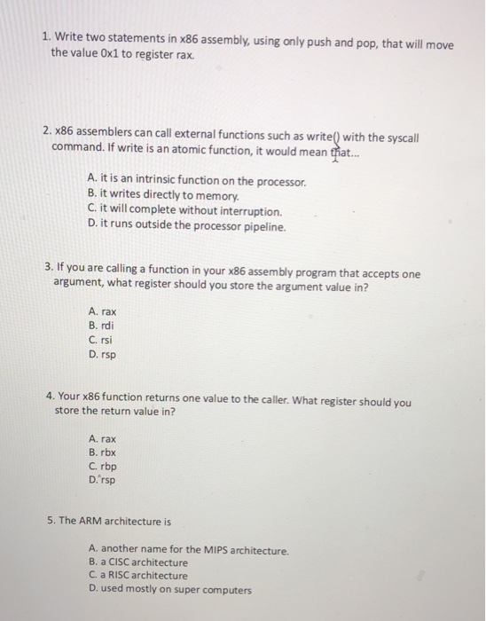  1. Write two statements in x86 assembly, using only push and