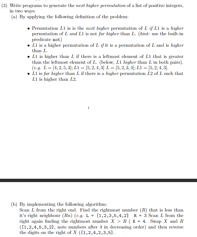  Prolog program Write programs to generate the next higher permutation of