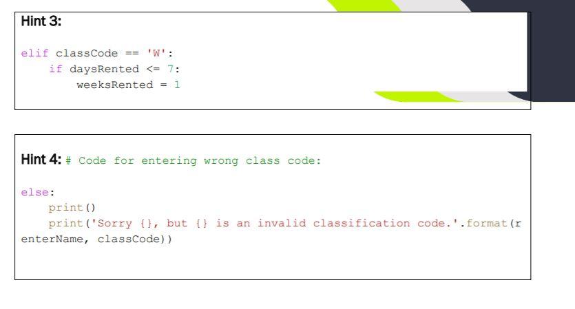 The customer's classification code (a character) b. The number of days the