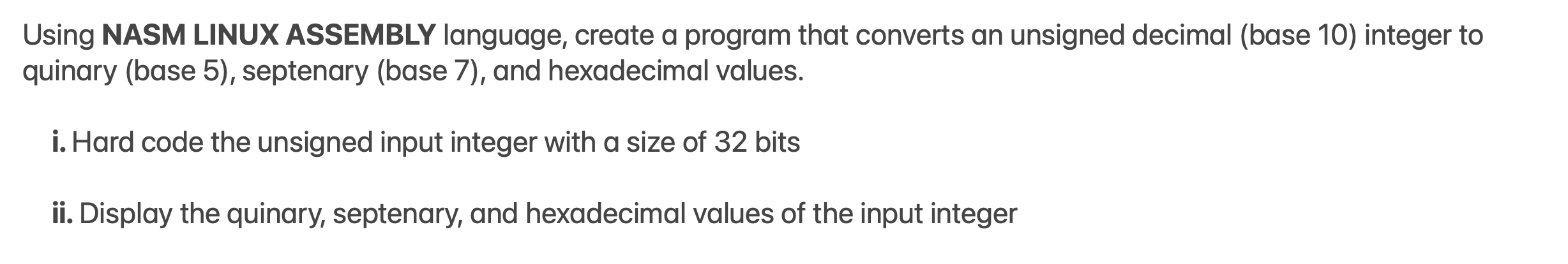 Using NASM LINUX ASSEMBLY language, create a program that converts an unsigned