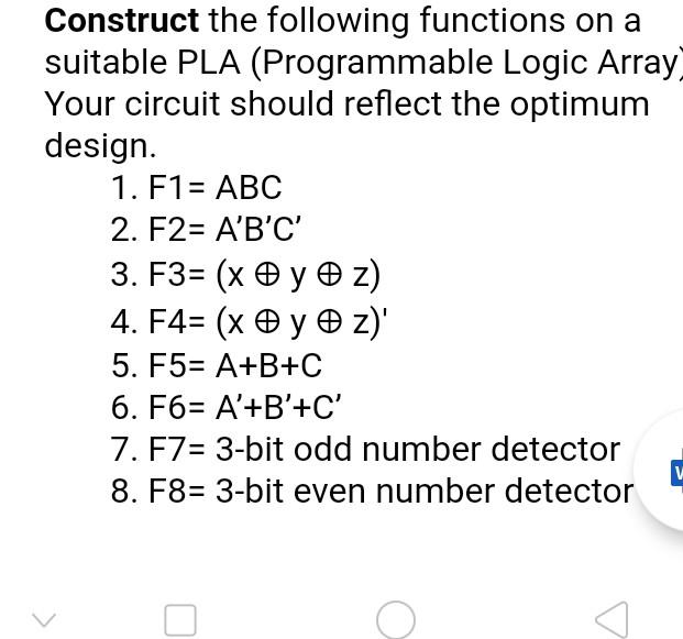  Construct the following functions on a suitable PLA (Programmable Logic Array