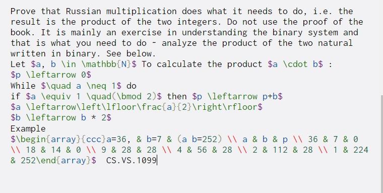  Prove that Russian multiplication does what it needs to do, i.e.