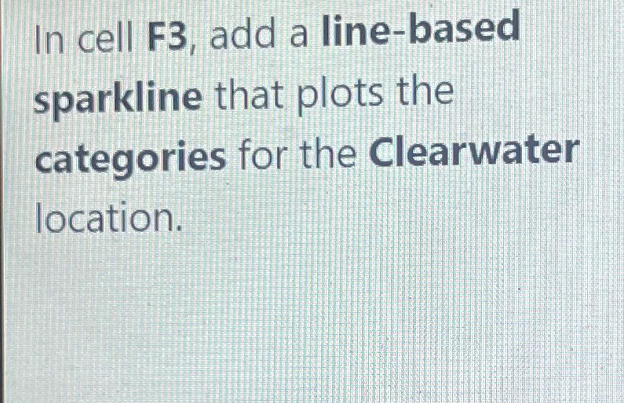  In cell F3, add a line-based sparkline that plots the categories