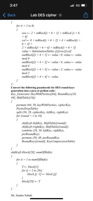 (DES Cipher) Convert the following pseudocode for DES cipher into a java