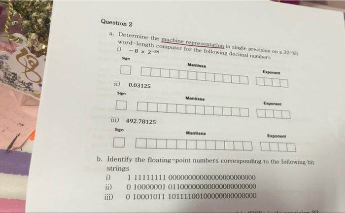  Question 2 a. Determine the machine representation in single precision on