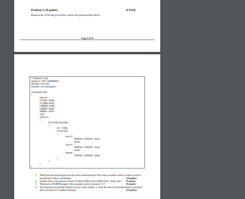 undefined CLO3] Problem 2 (35 points) Based on the AVR code given