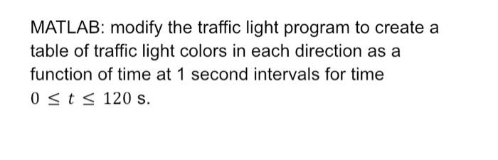  MATLAB: modify the traffic light program to create a table of