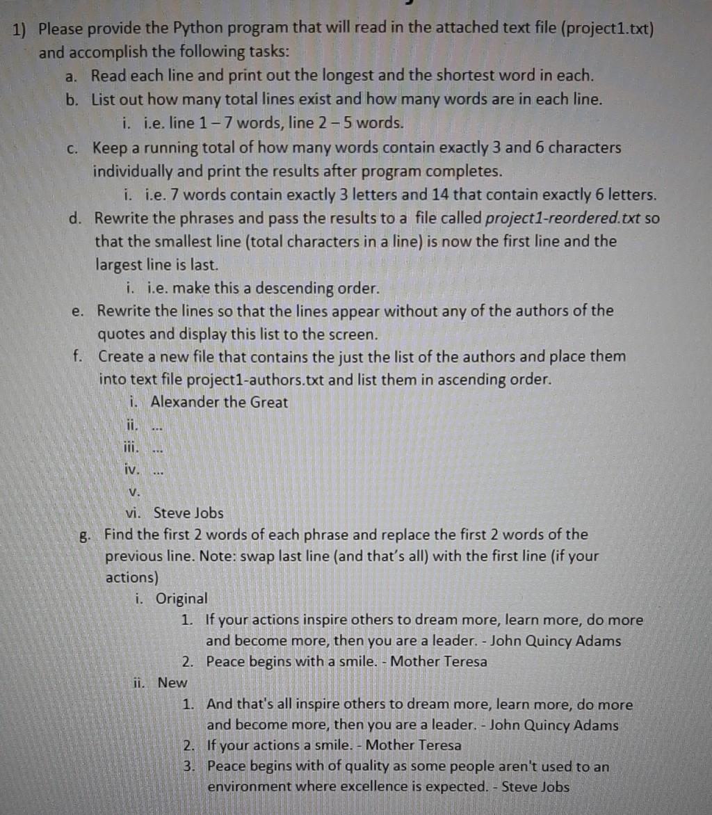 Python project1.txt 1) Please provide the Python program that will read in