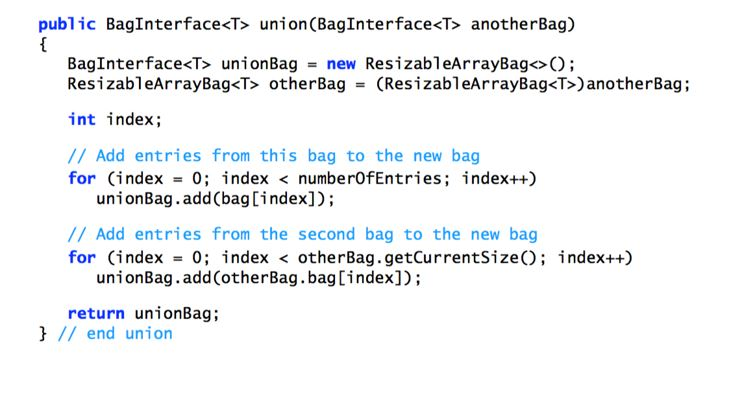 1. Write the contains method and test it for a bag containing