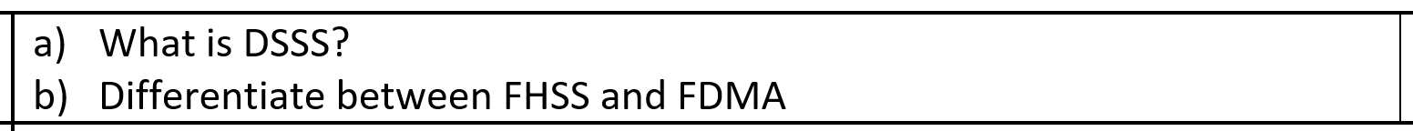  a) What is DSSS? b) Differentiate between FHSS and FDMA 