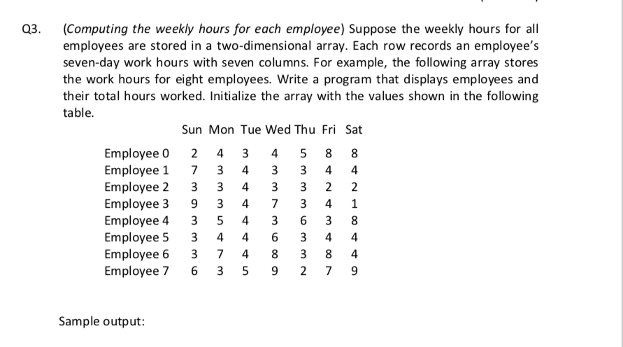 please use java thanks Q3 (Computing the weekly hours for each employee)