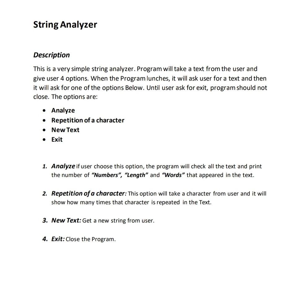 Please Make a Simple text analyzer following example below using C# String