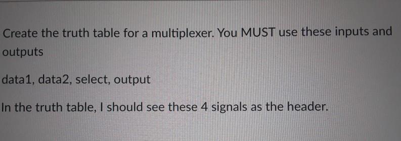  help Create the truth table for a multiplexer. You MUST use