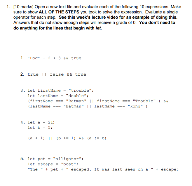 Javascript 1. [10 marks] Open a new text file and evaluate each