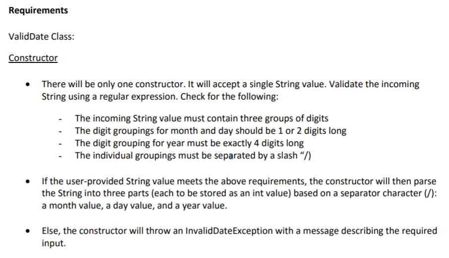  JAVA Provided code: ValidDate public class ValidDate { public int validYear;