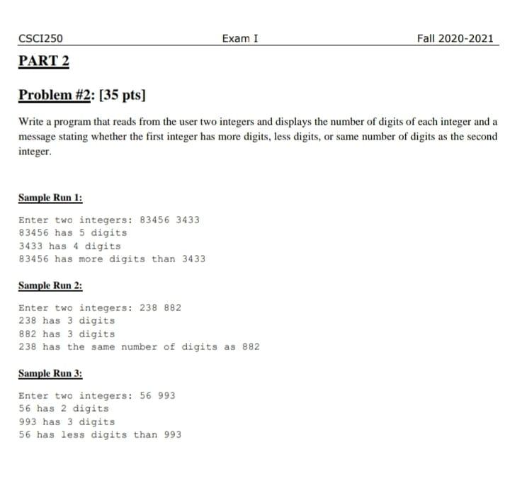  The program should be in Java Exam 1 Fall 2020-2021 CSCI250