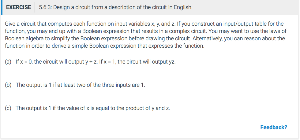 Need help with Discrete Math... EXERCISE 5.6.3: Design a circuit from a