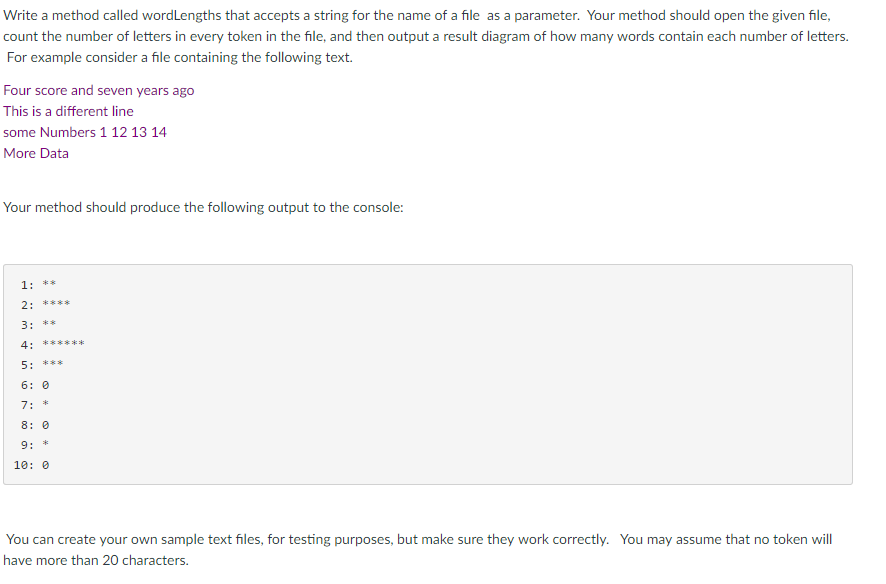  Write a method called wordLengths that accepts a string for the