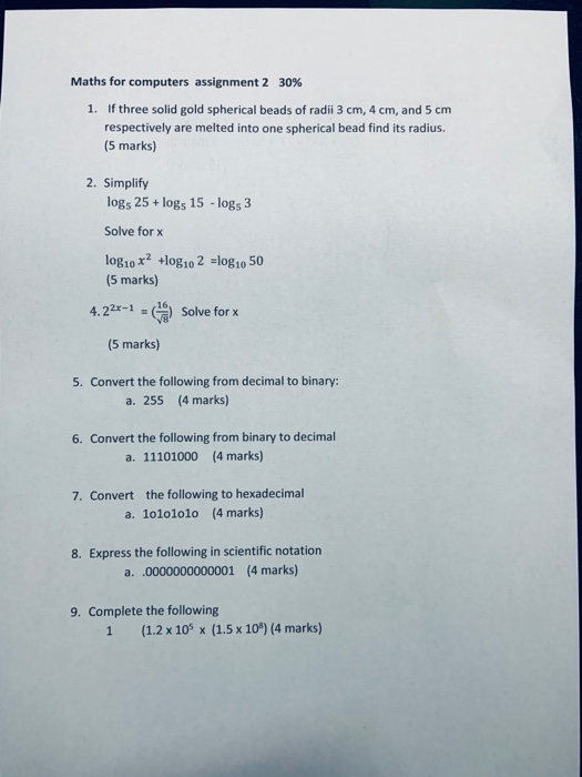  Maths for computers assignment 2 30% 1. If three solid gold