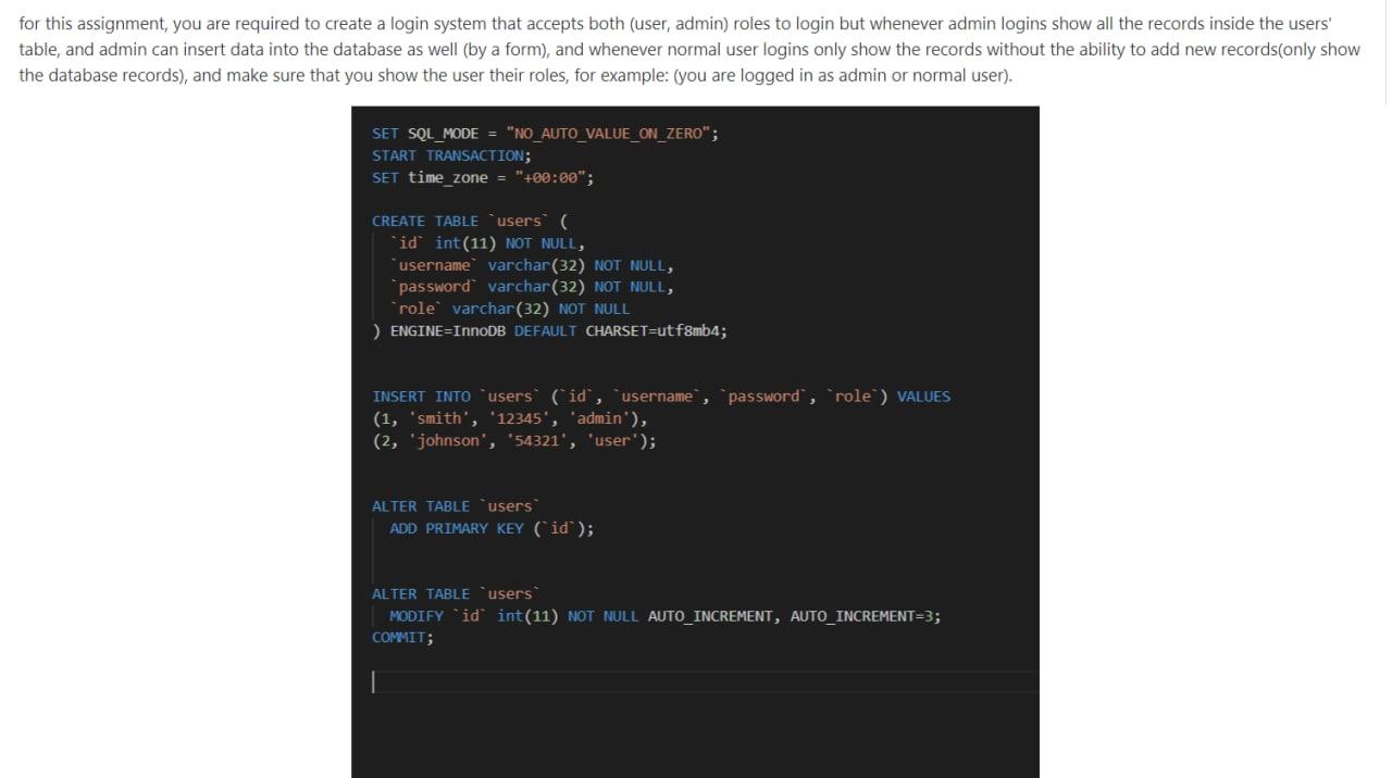  for this assignment, you are required to create a login system