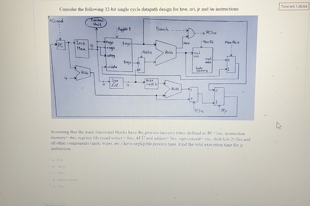  Consider the following 32-bit single cycle datapath design for bne, ori,