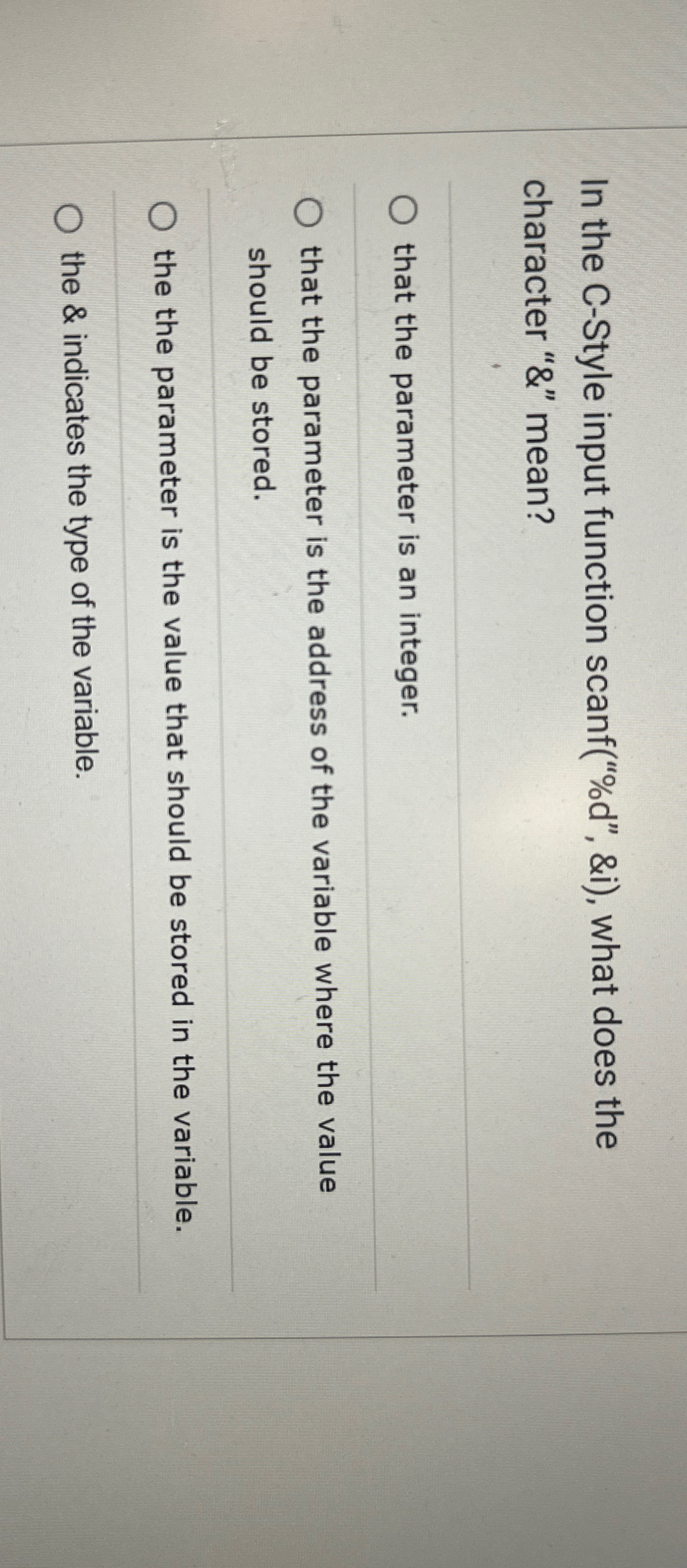  In the C-Style input function scanf("%d", &i), what does the character