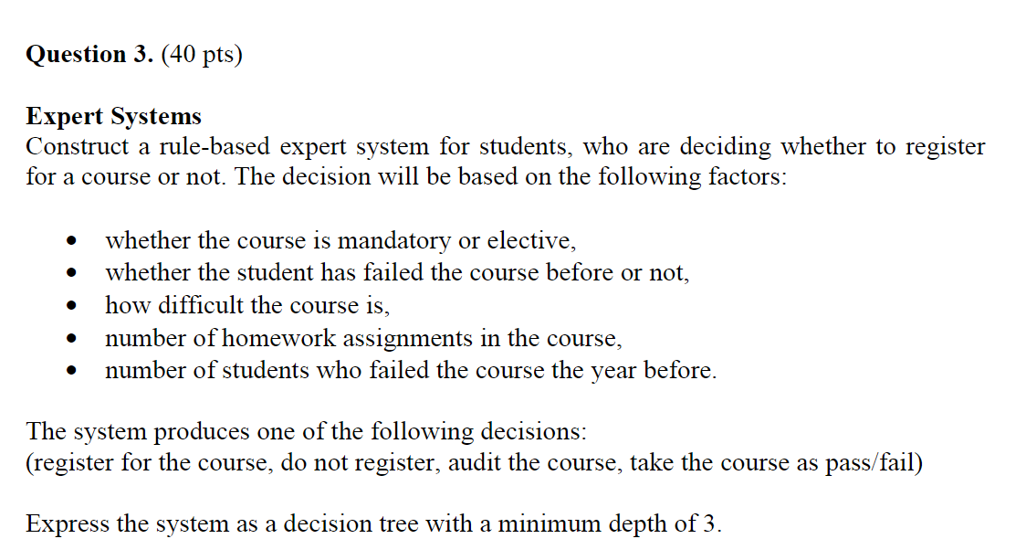  Question 3. (40 pts) Expert Systems Construct a rule-based expert system
