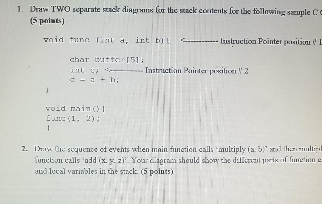  1. Draw TWO separate stack diagrams for the stack contents for