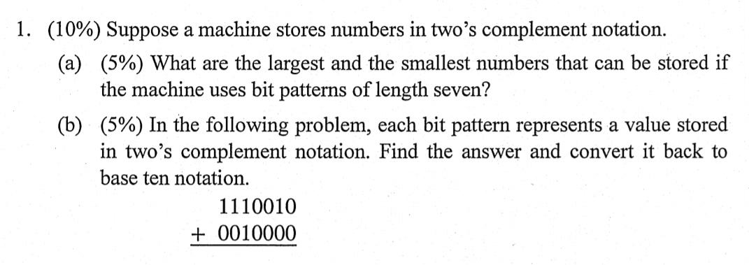  1. (10%) Suppose a machine stores numbers in two's complement notation.