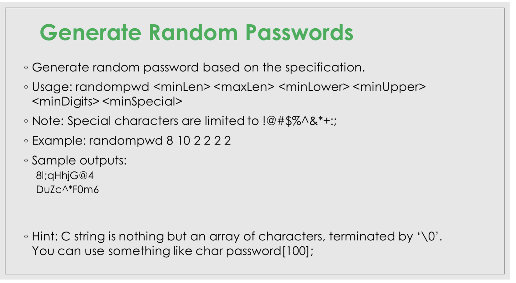 write code in C Generate Random Passwords - Generate random password based