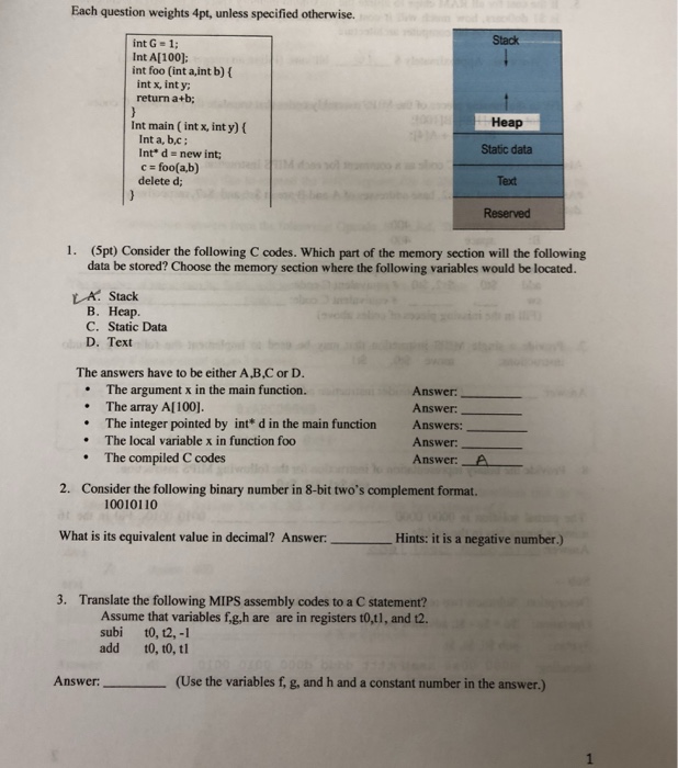  Each question weights 4pt, unless specified otherwise. Stack int G 1