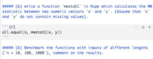  (b) write a function `mwstatC` in Rcpp which calculates the MW