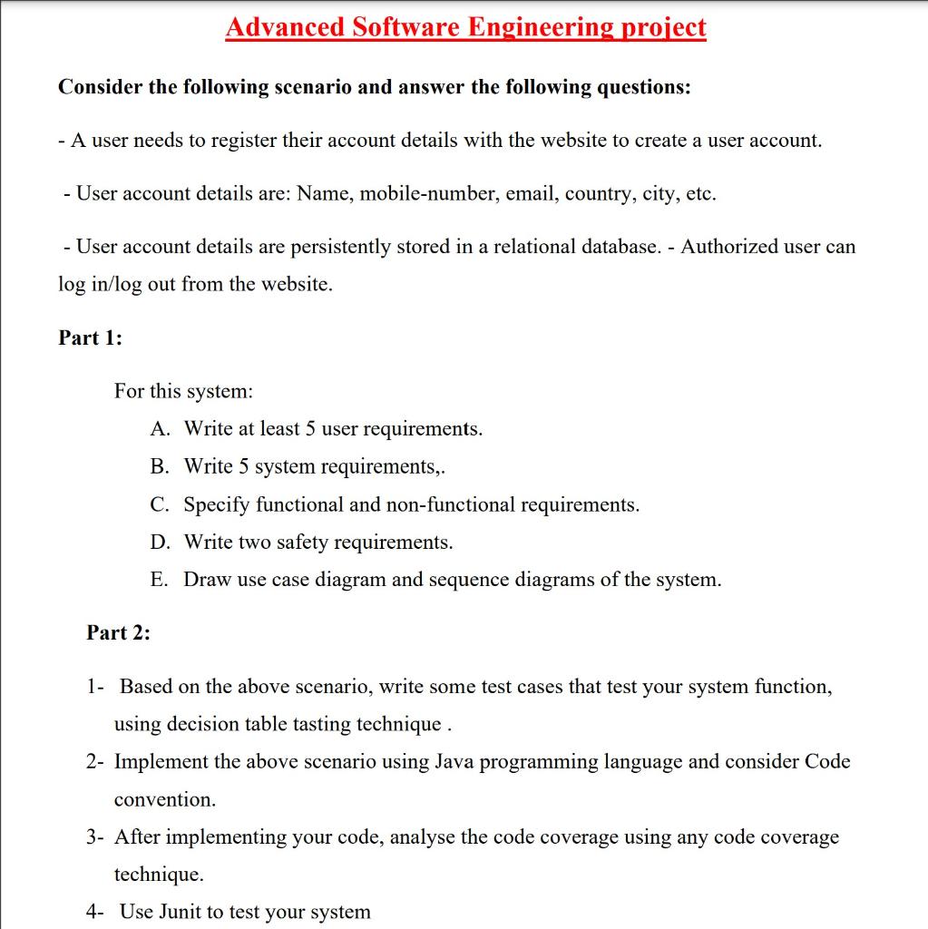 Advanced Software Engineering project Consider the following scenario and answer the