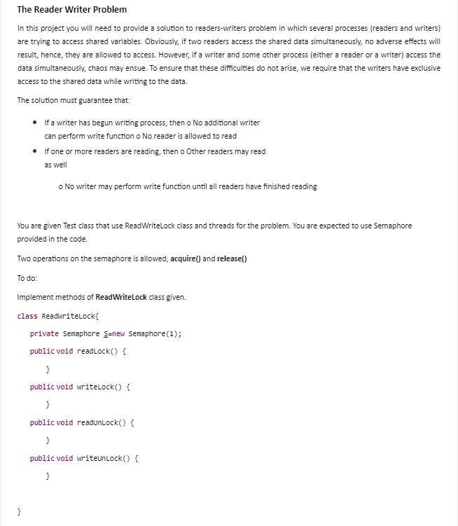  The Reader Writer Problem In this project you will need to