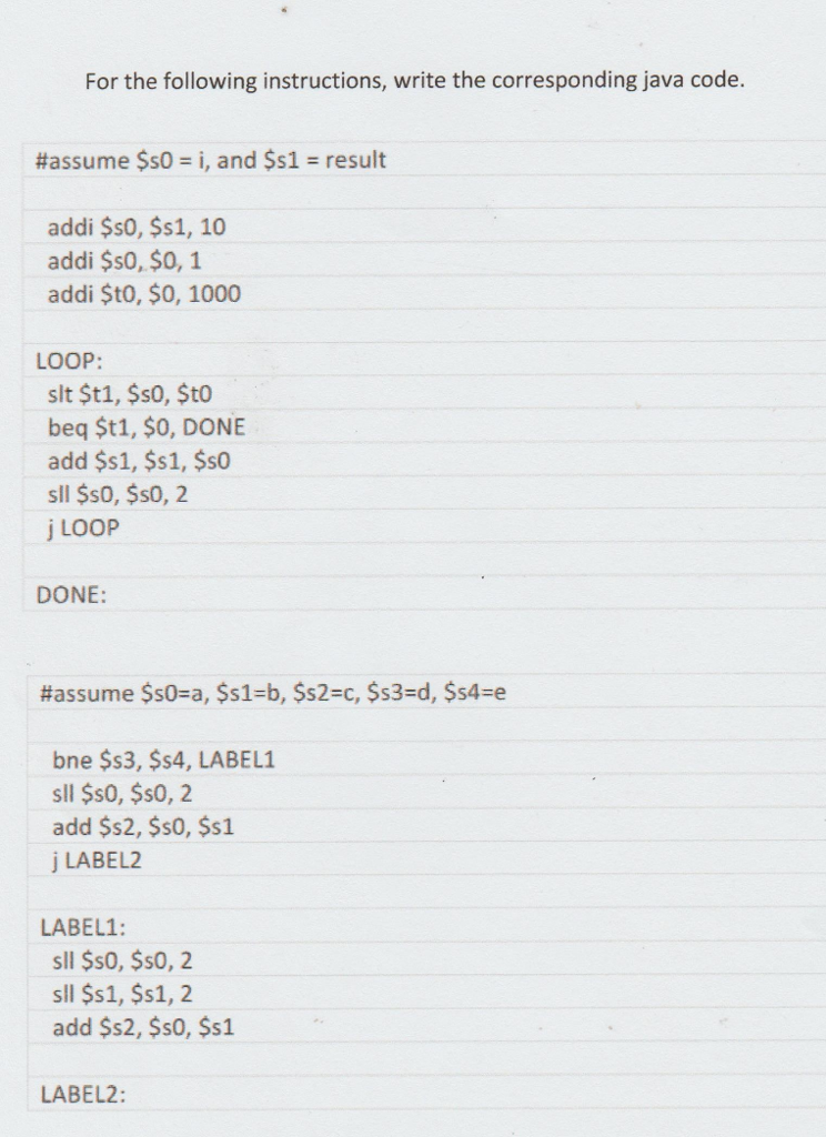  For the following instructions, write the corresponding java code. #assume $s0
