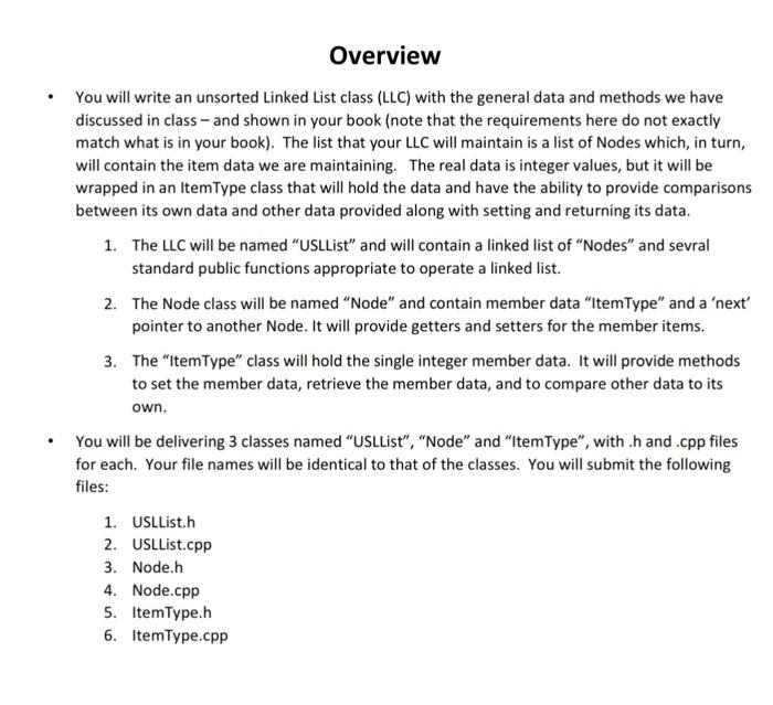  - You will write an unsorted Linked List class (LLC) with